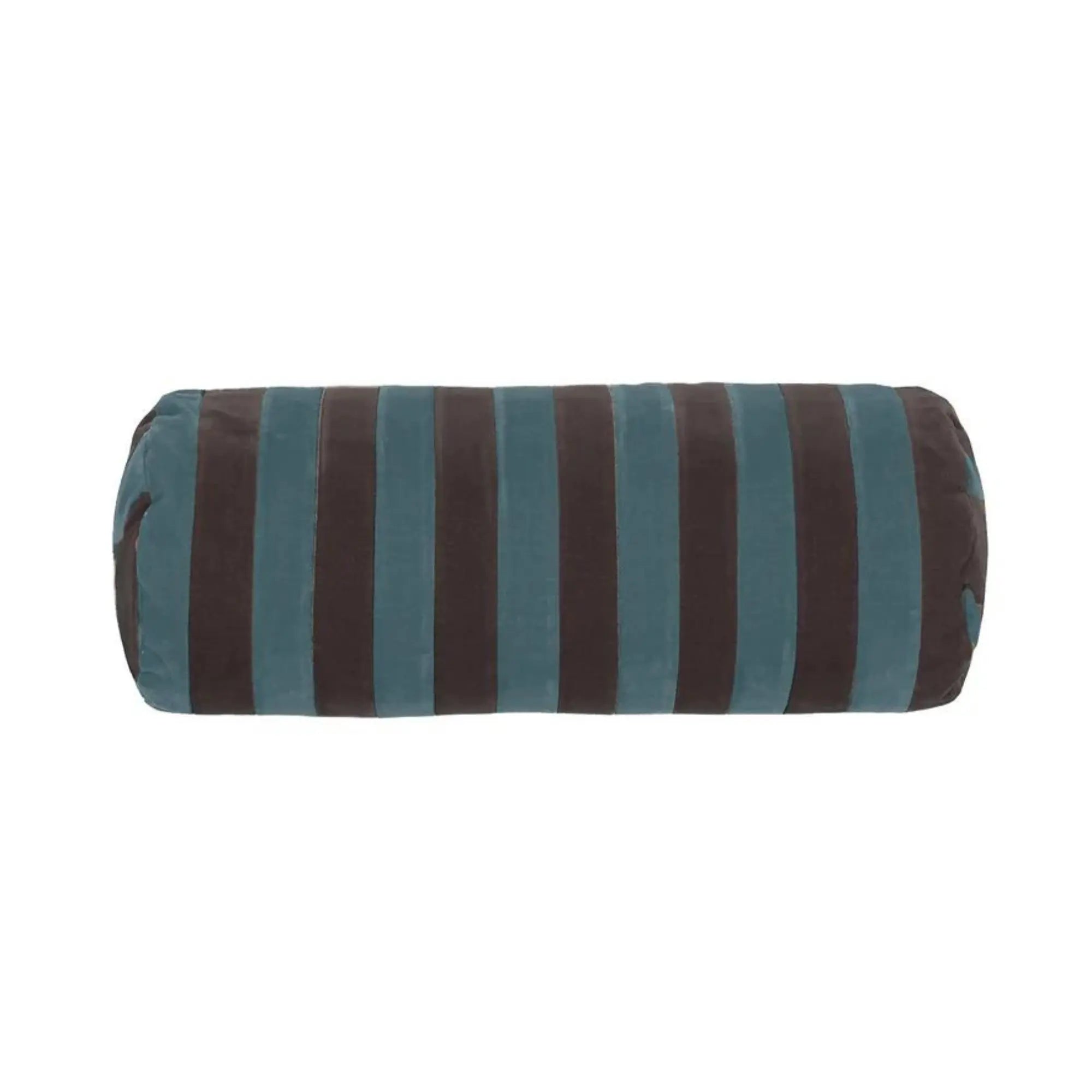 Long, rectangular, striped bolster pillow in shades of blue and white