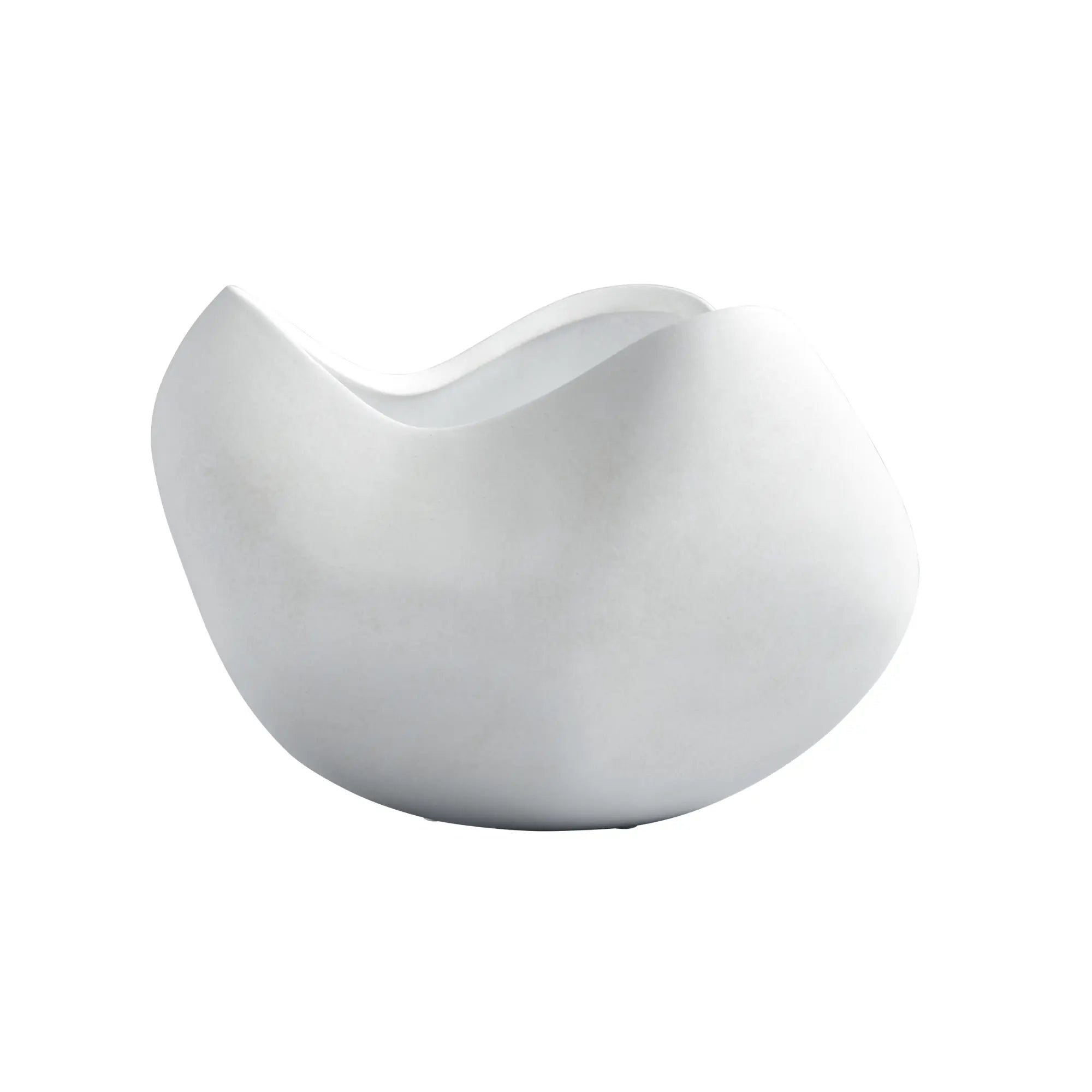 A large, elegant white ceramic bowl with a curved design