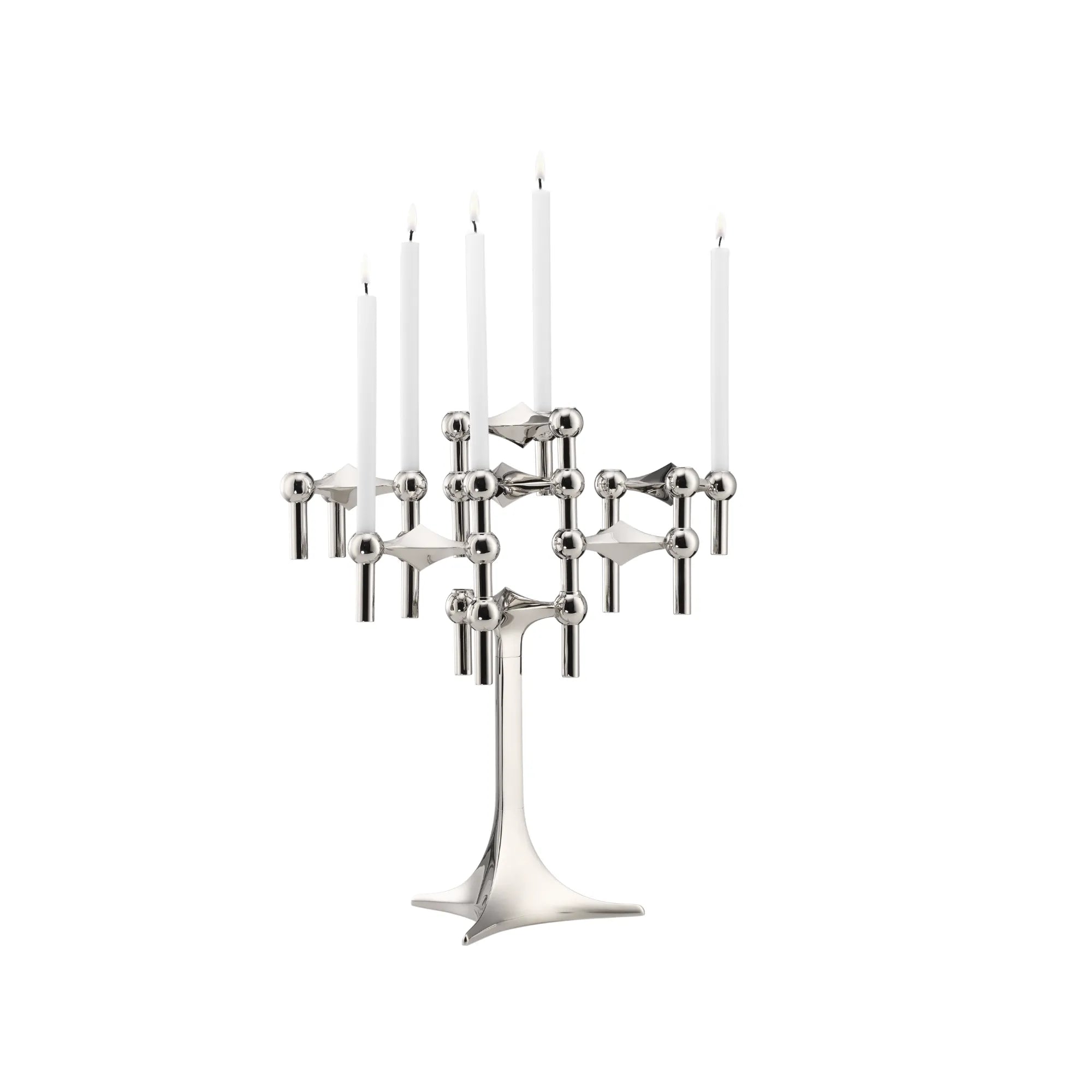 Modern and sleek modular candle holder in chrome finish with 6 individual configurations