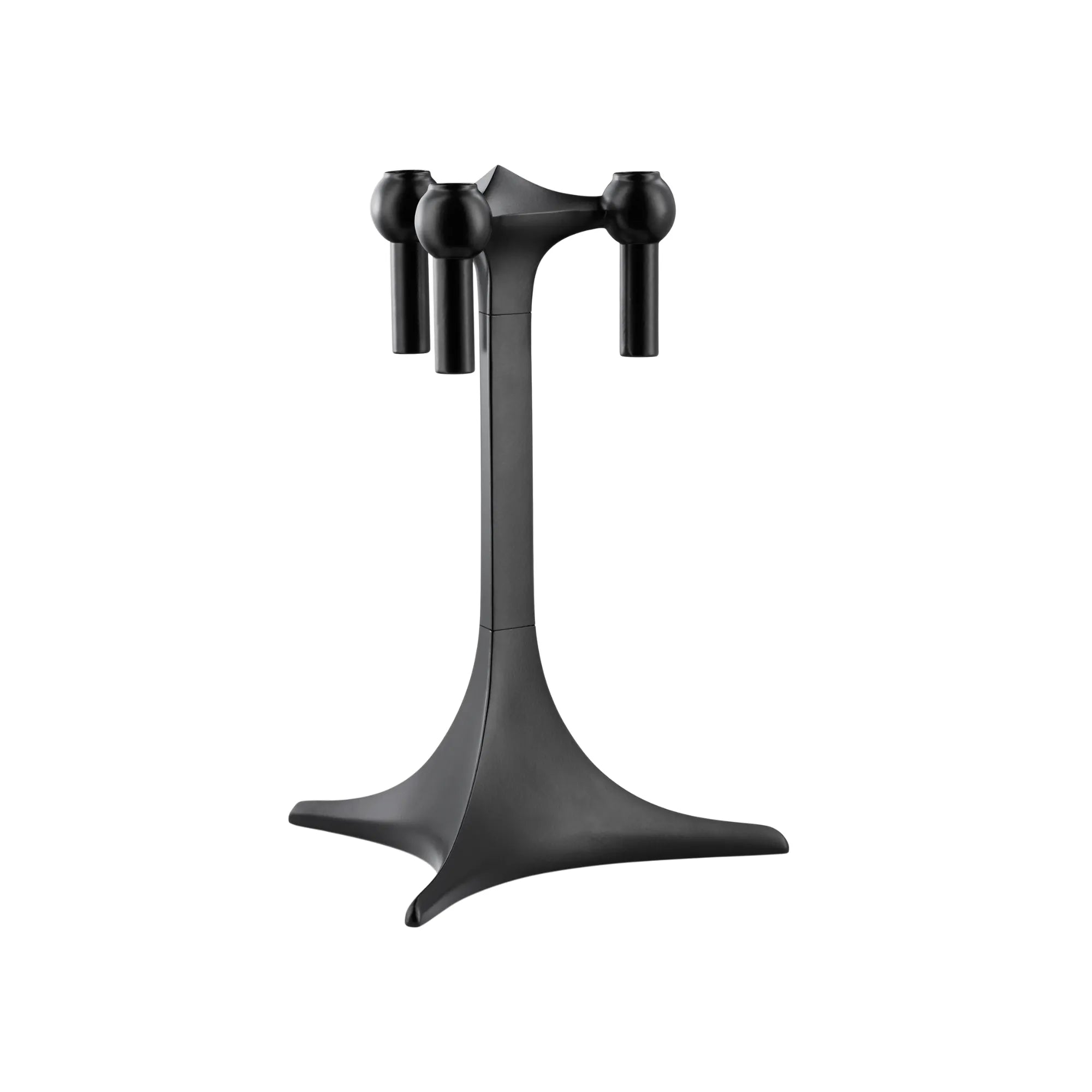 Black metal candle holder stand with intricate leaf design and space for three candles