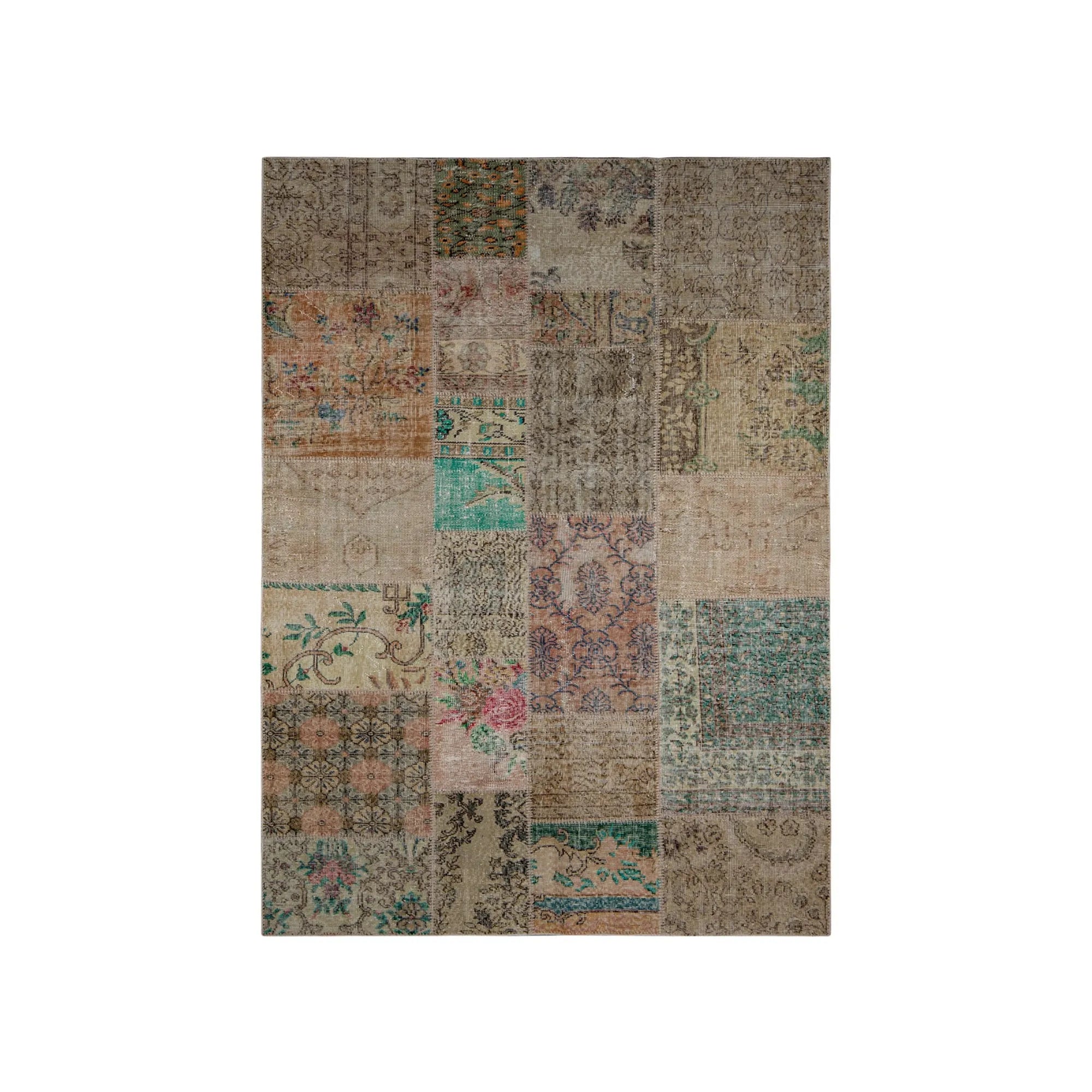 Handwoven vintage rug with intricate patterns and rich, earthy tones