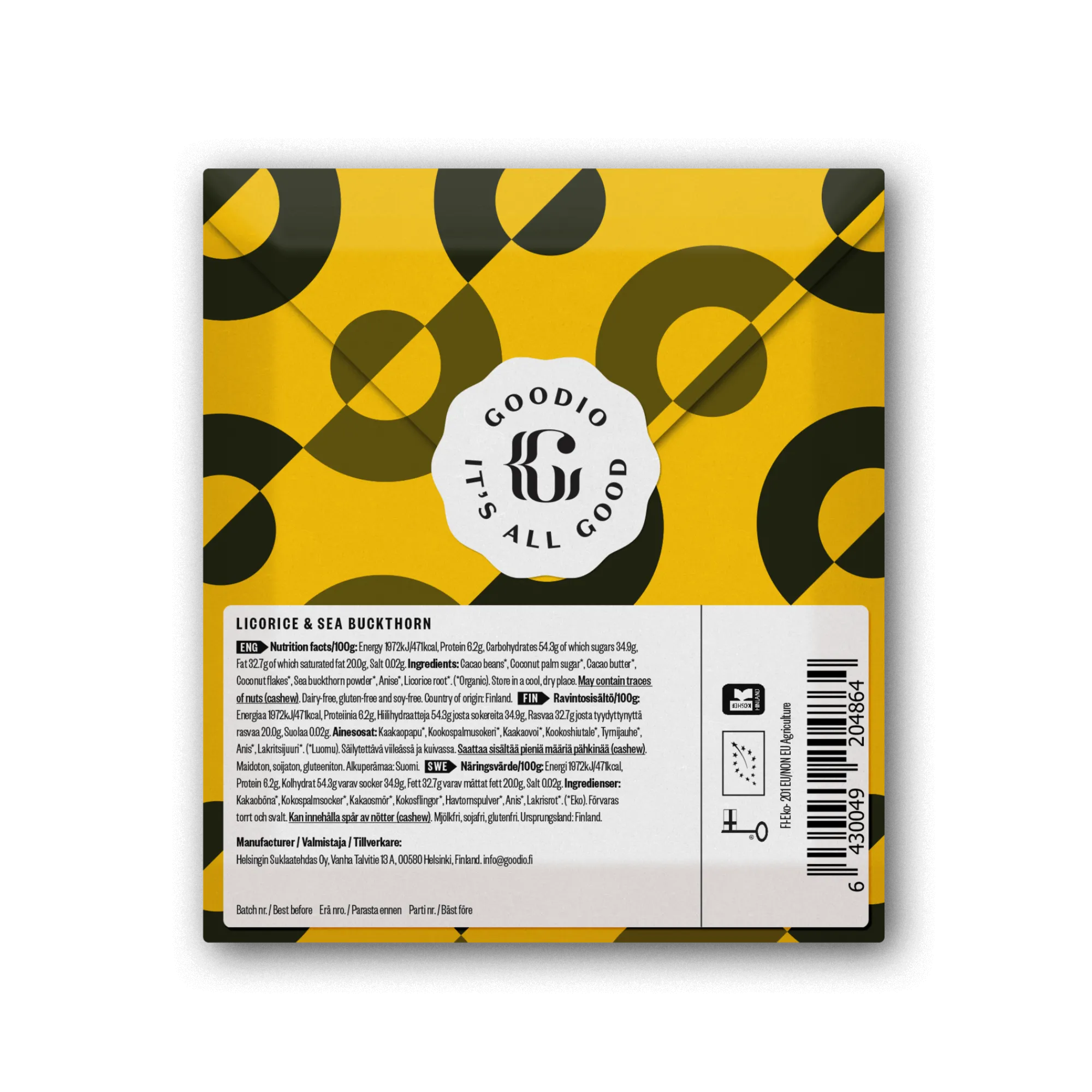  Indulgent Licorice & Sea Buckthorn Chocolate 53% bar wrapped in elegant packaging, a delightful blend of flavors for chocolate lovers