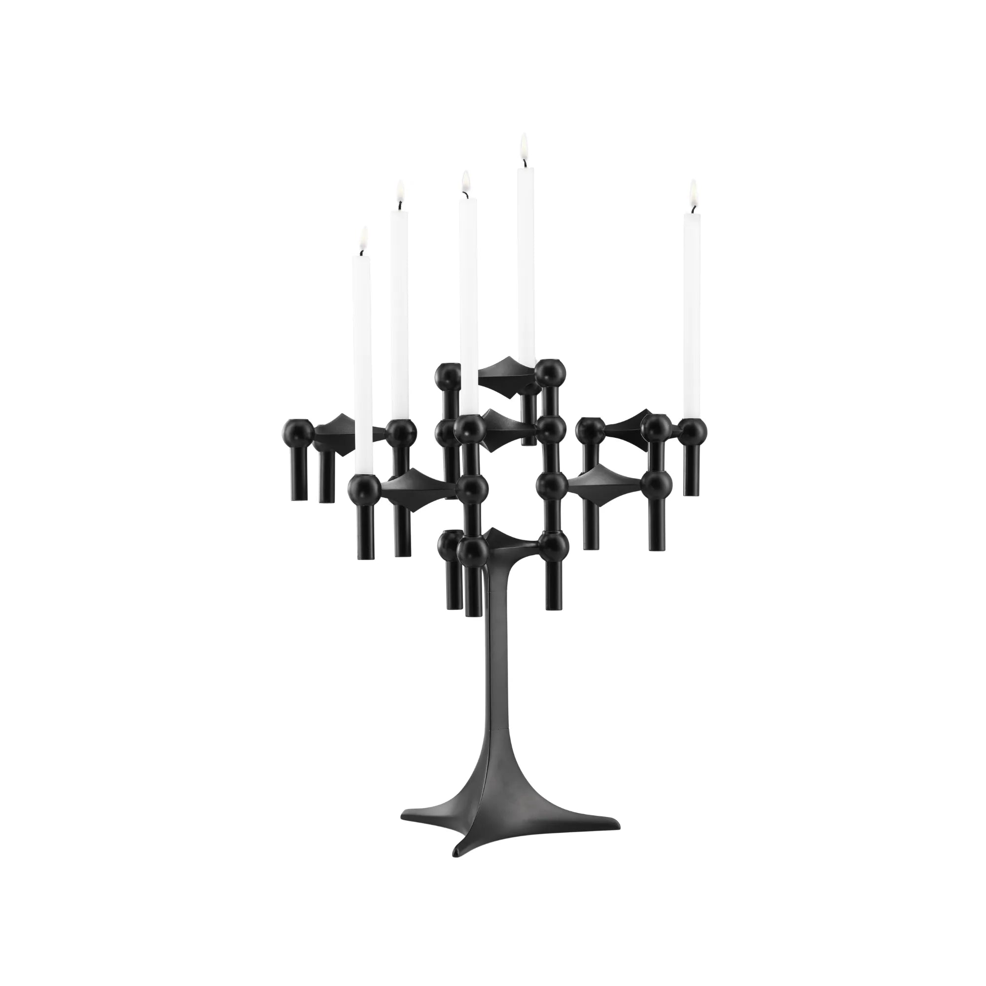 Modular black candle holder with two connected pieces for versatile configuration