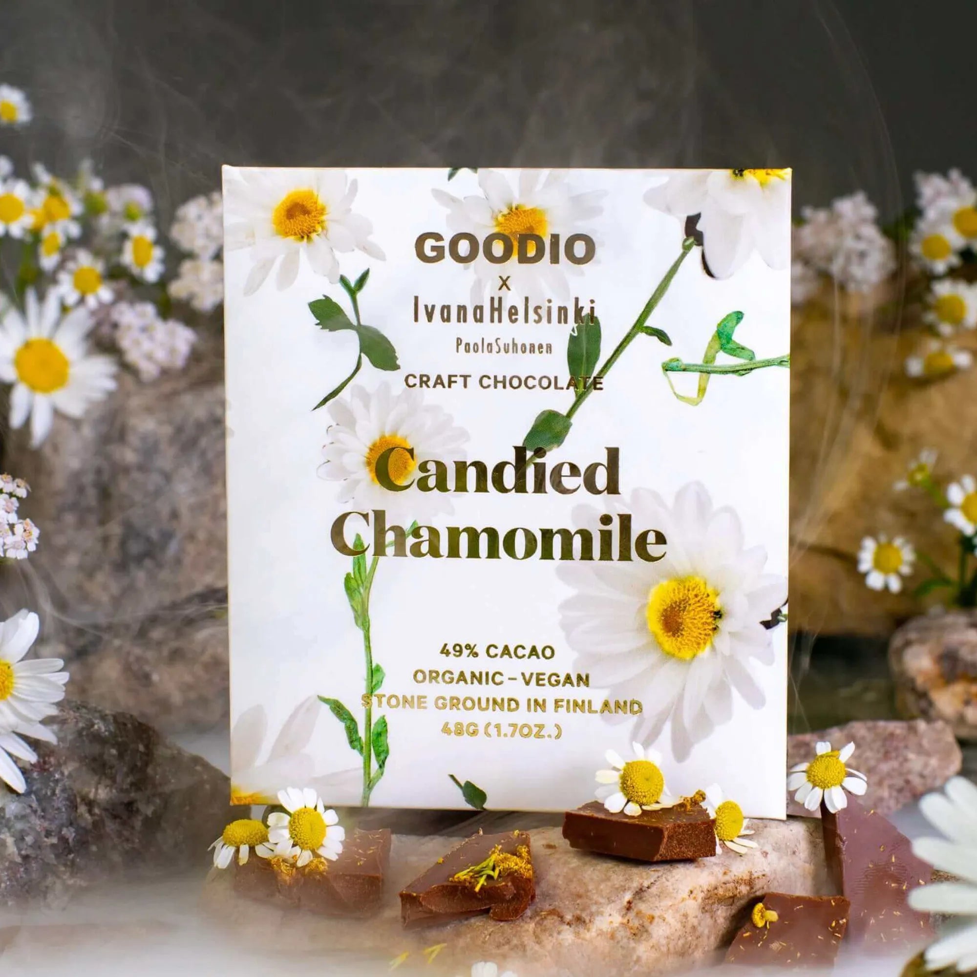 Indulgent chocolate treat featuring candied chamomile and rich 49% cocoa