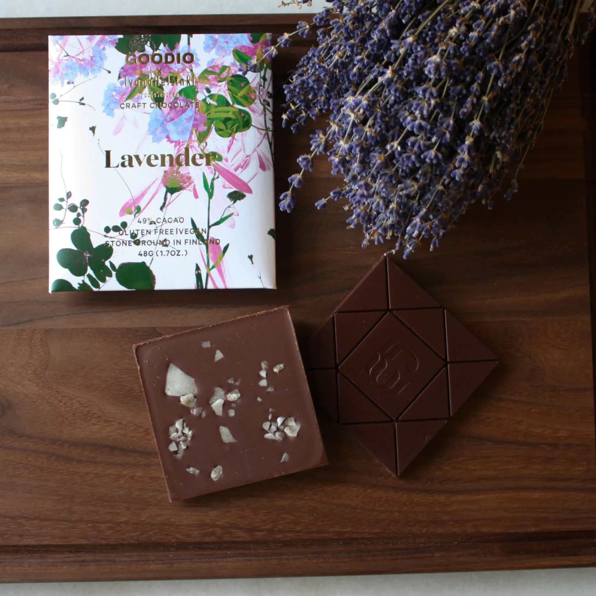 Delicious and decadent Lavender Chocolate 49% bar with rich, creamy flavor