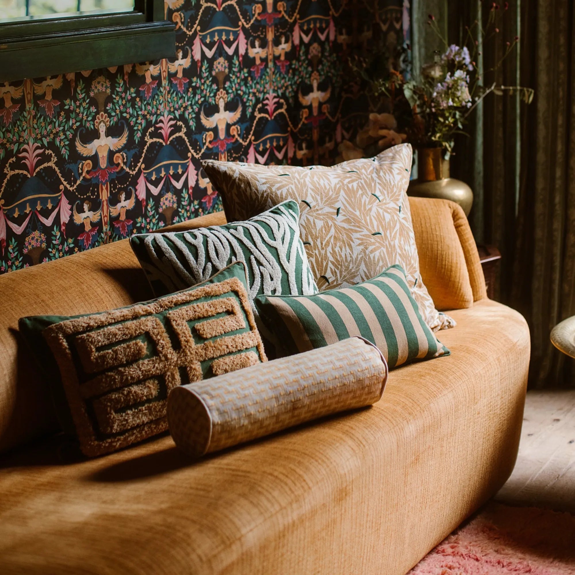 Beautiful and elegant Cleo cushion cover in luxurious velvet fabric with ornate floral embroidery in rich, earthy tones