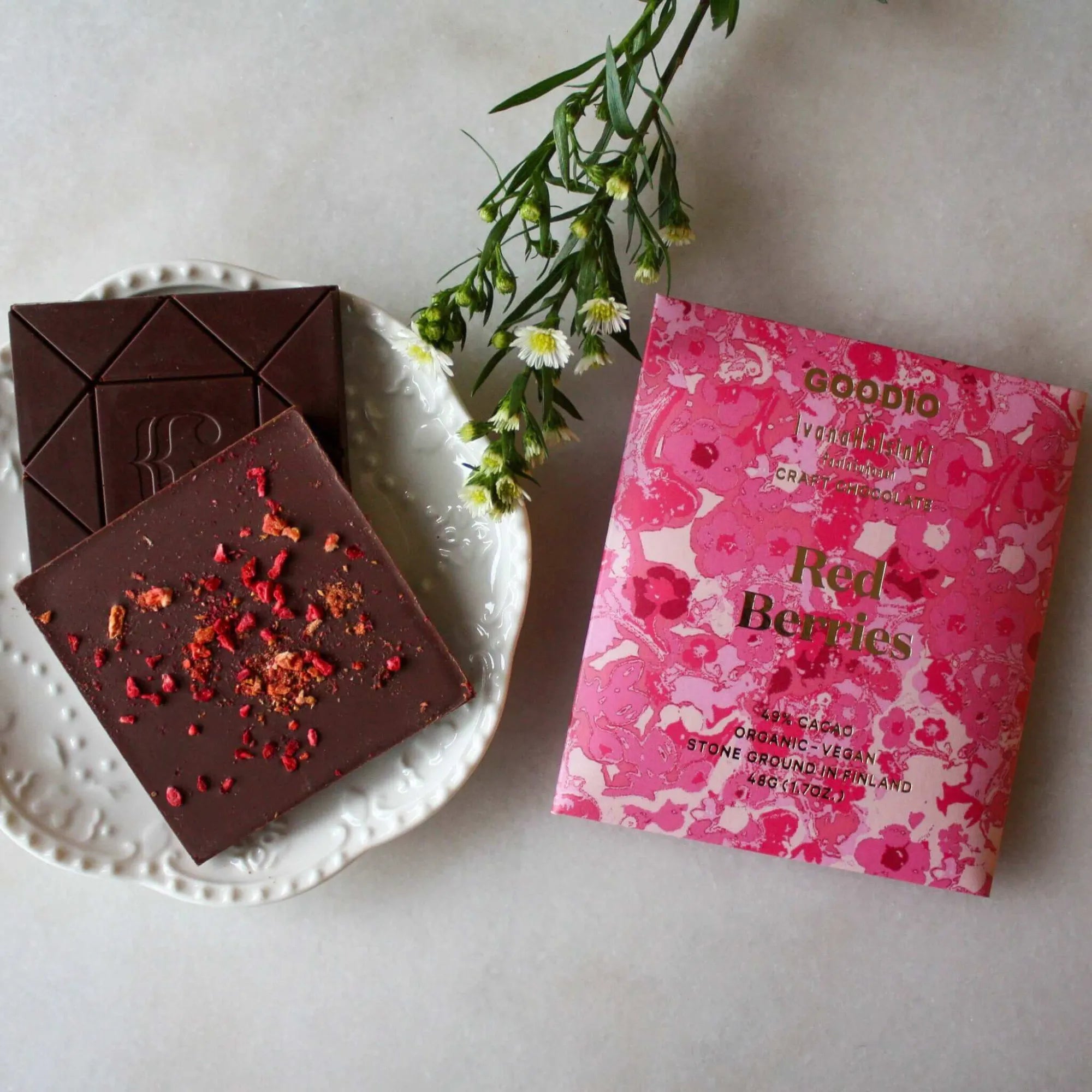 Delicious red berry infused chocolate with 49% cocoa content