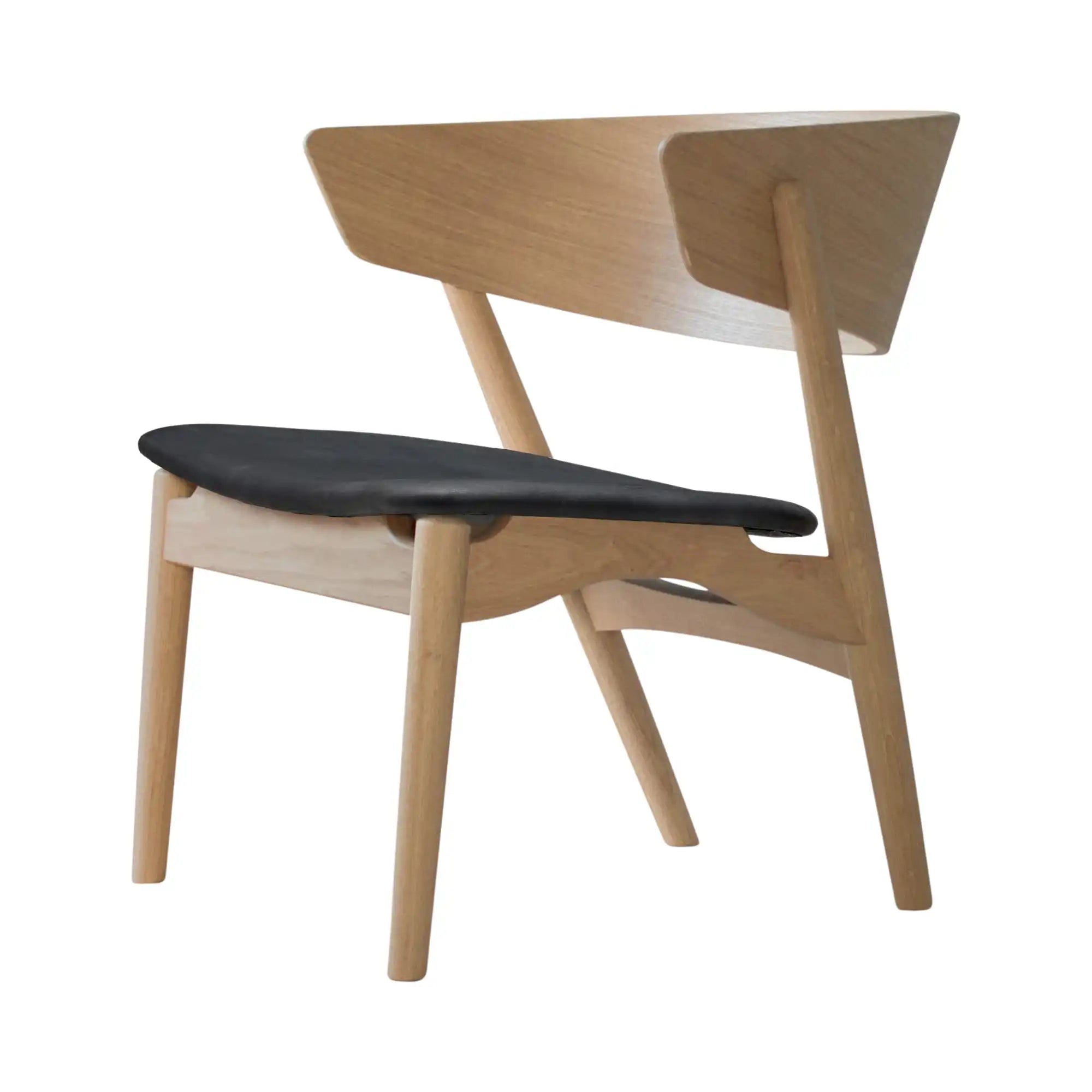 No 7 Lounge Chair in elegant gray fabric with wooden legs and lumbar support