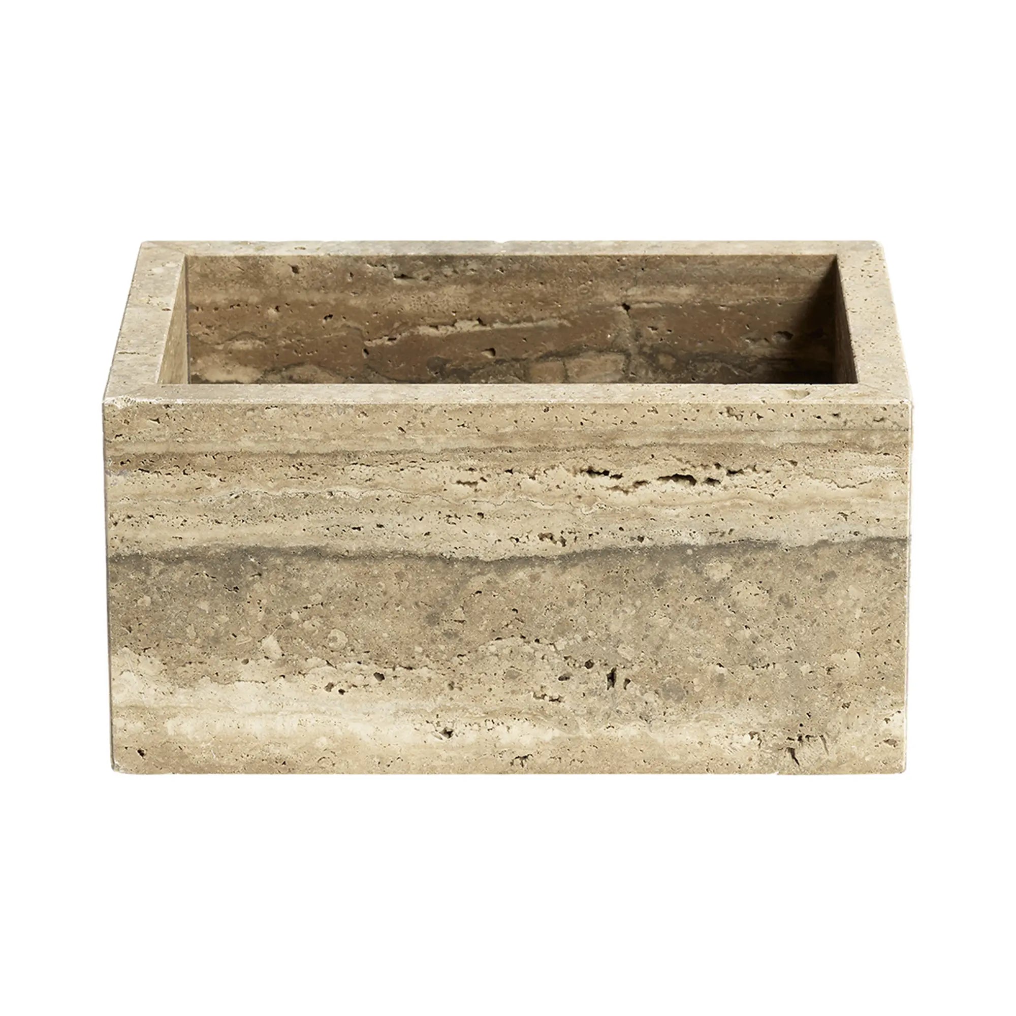 Rectangular travertine box with polished surface and earthy tones