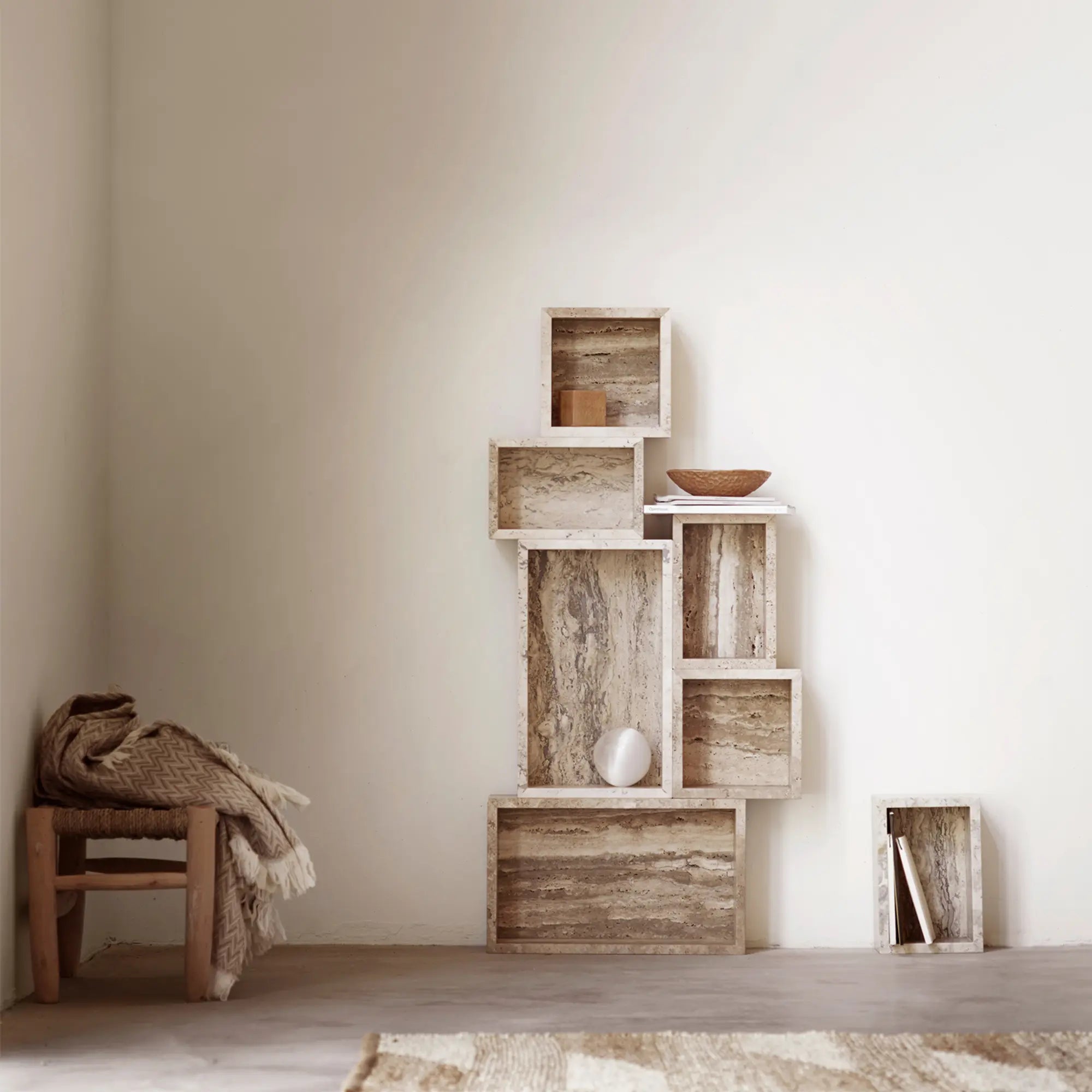 Large Travertine Storage Box with Hinged Lid and Rustic Charm