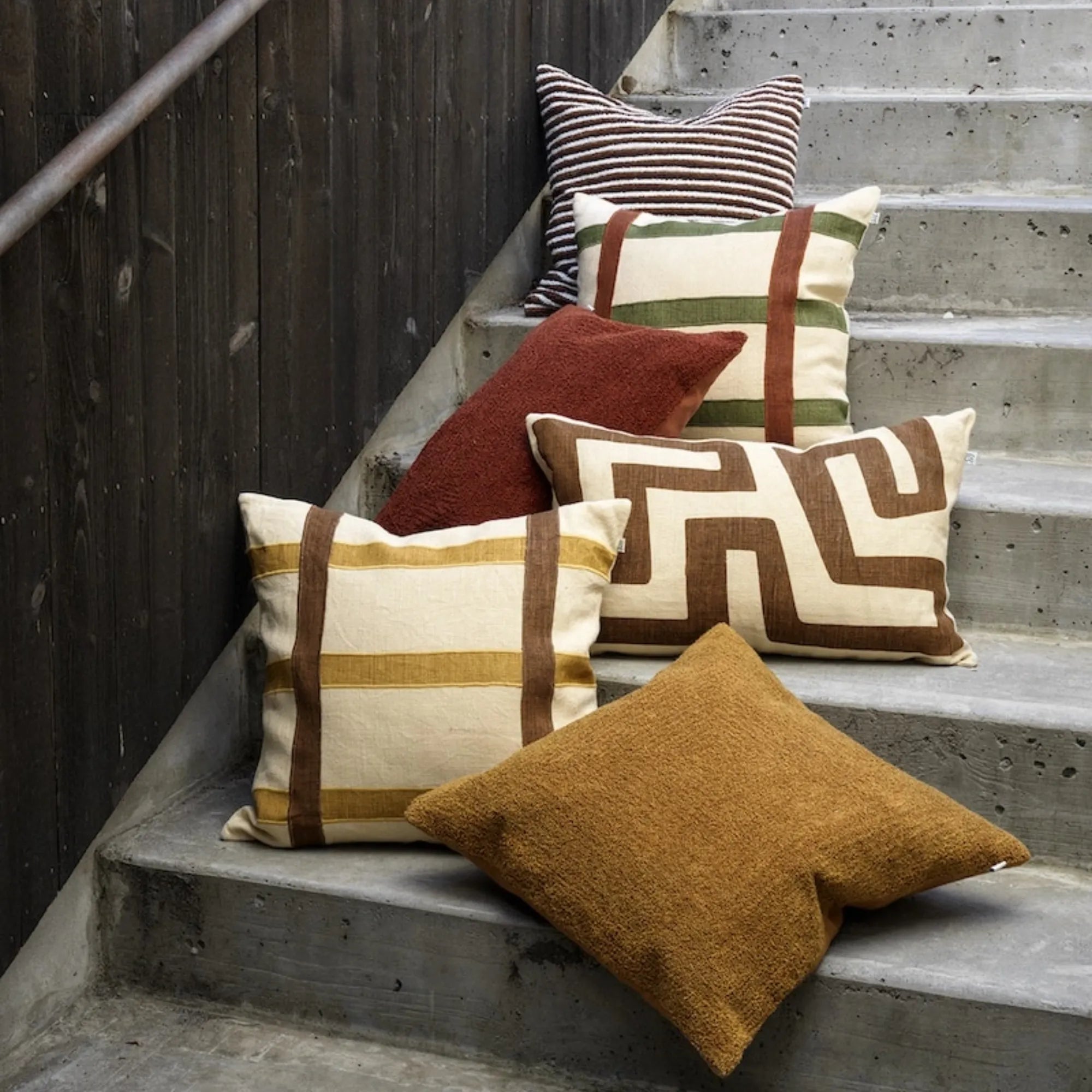 High-quality linen fabric cushion with vibrant yellow and taupe colors